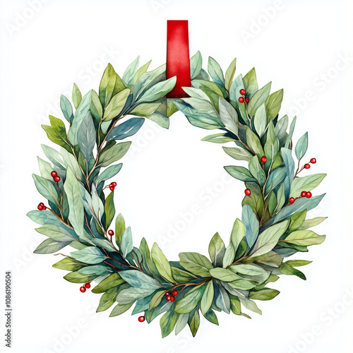 Watercolor Christmas wreath with red holly berries and a red ribbon