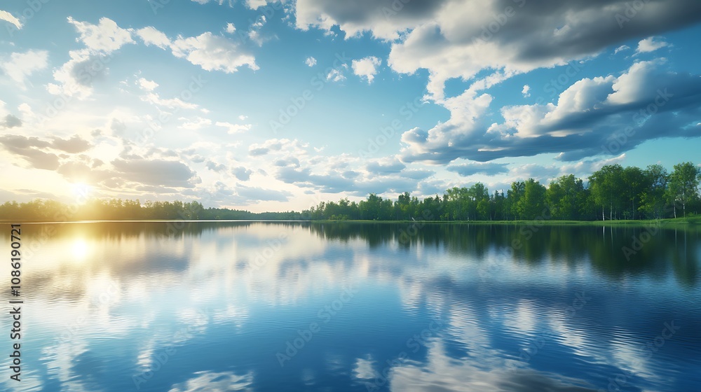Sunset over calm lake with reflection. Serene nature landscape. Sunset over calm lake with reflection. Serene nature landscape.