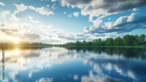 Sunset over calm lake with reflection. Serene nature landscape.