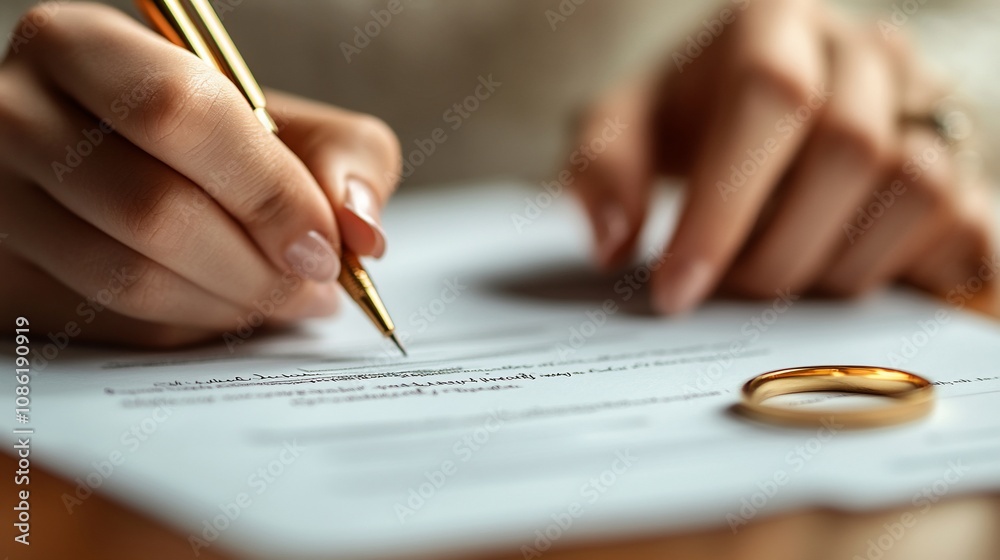 Close-up of woman's hands signing legal document, wedding ring nearby. Close-up of woman's hands signing legal document, wedding ring nearby.