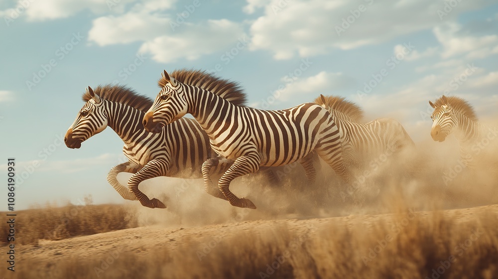 Fototapeta premium A dynamic scene of zebras galloping through a dusty landscape under a blue sky.