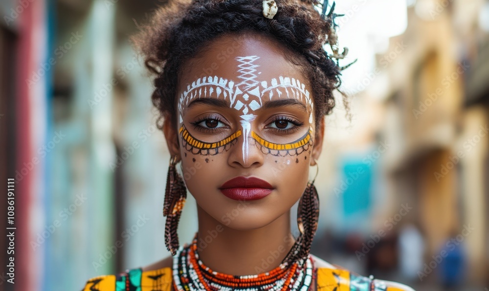 Young woman with traditional African tribal makeup in urban setting. image Young woman with traditional African tribal makeup in urban setting. image