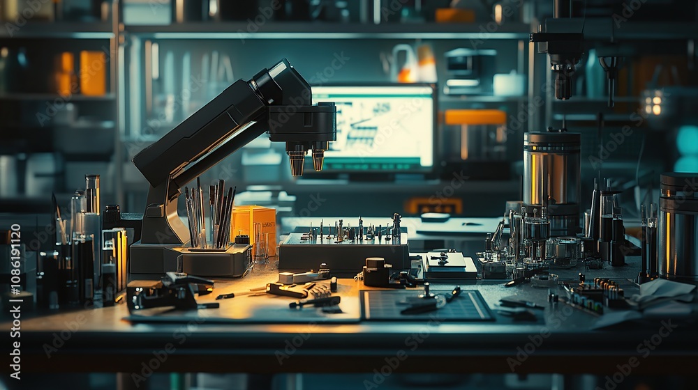 A high-tech laboratory workspace with tools and equipment for scientific research. A high-tech laboratory workspace with tools and equipment for scientific research.