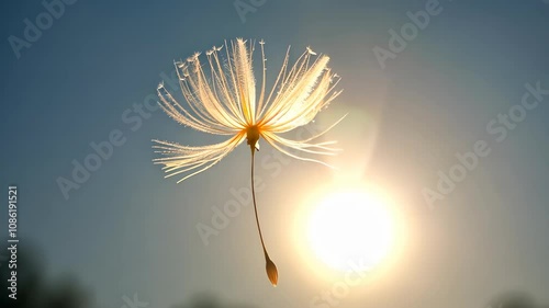 Close-up of a single dandelion stamen high in the air on a sunny day, with light sky background and extreme depth of field.