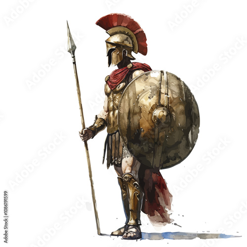 A watercolor drawing of a Spartan Soldier with a Spear, isolated on a white background. Spartan Soldier with a Spear vector.