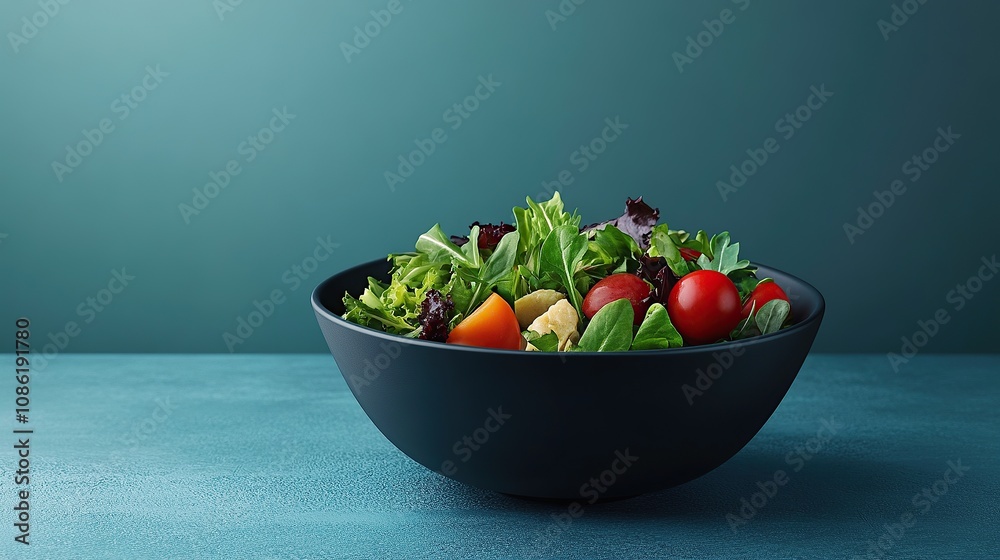 A vibrant salad bowl filled with fresh vegetables on a textured surface. A vibrant salad bowl filled with fresh vegetables on a textured surface.