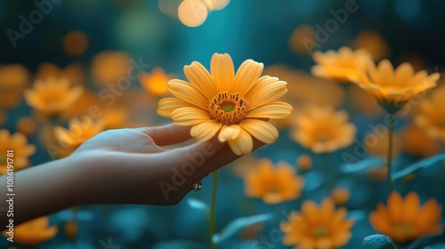 A hand gently holds a vibrant yellow flower among a field of blooms.