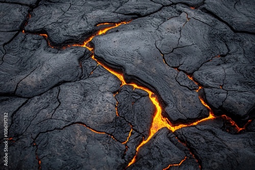 Glowing Lava Cracks on Volcanic Rock Surface photo