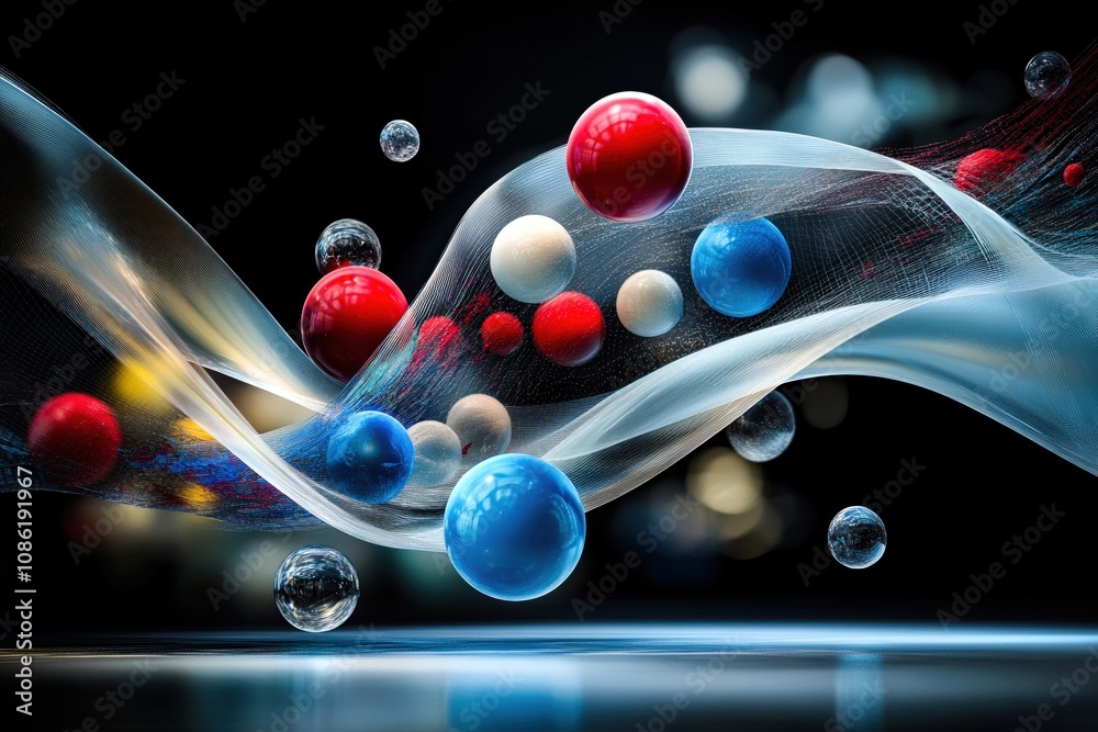 colorful molecular spheres floating within flowing translucent waves ...