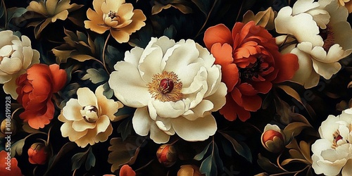 Fototapeta Naklejka Na Ścianę i Meble -  photorealistic vibrant floral digital painting with white red peonies botanical wallpaper high contrast