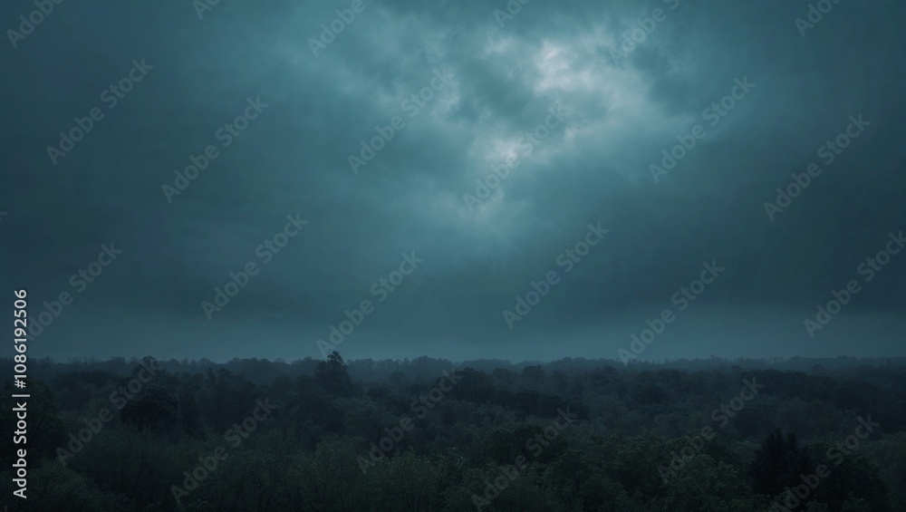 Obraz premium A Meadow Landscape With Dark Gloomy Cloudy Skies with Light Peeking Through Cloud