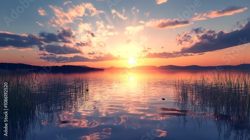 Sunset over calm lake with reeds. Peaceful nature scene.