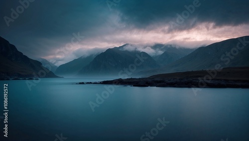 Cloudy Day with Rolling Clouds Over Serene Lake or Sea and Distant Mountains