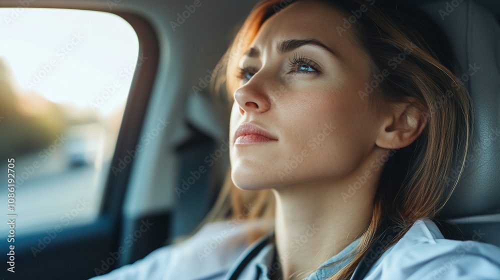 Pensive female doctor in car, looking out window. Pensive female doctor in car, looking out window.