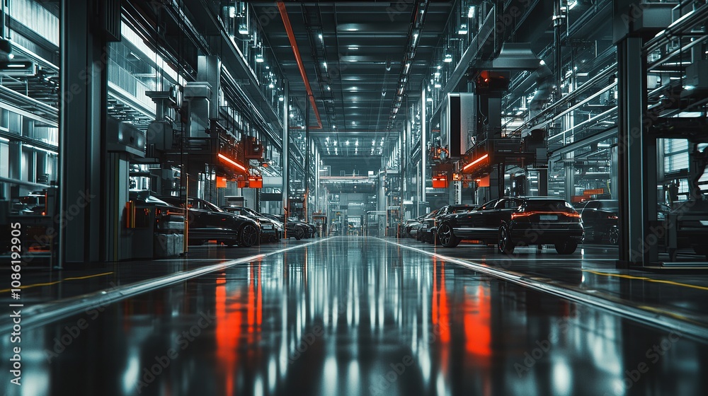A futuristic automotive factory with sleek cars and vibrant lighting. A futuristic automotive factory with sleek cars and vibrant lighting.
