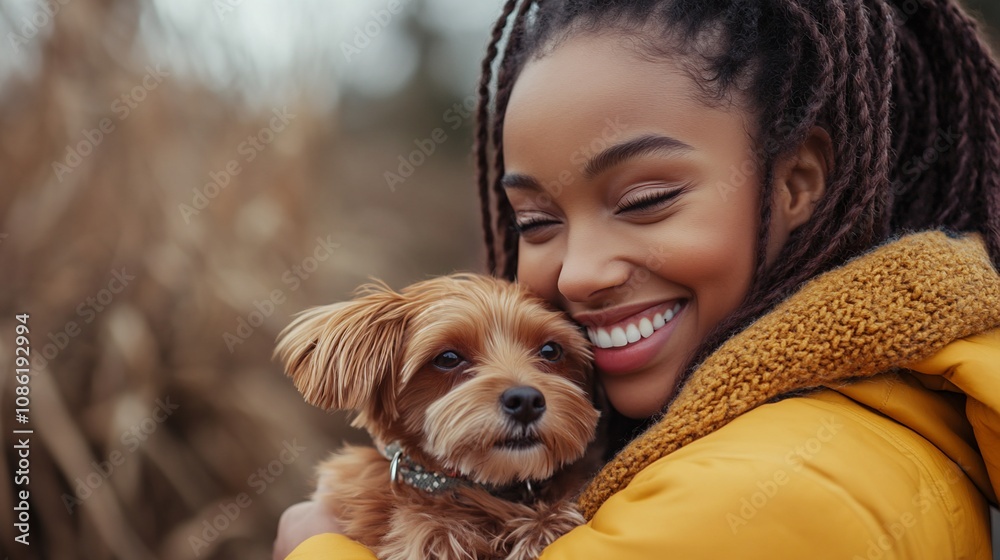 Happy woman cuddling small dog outdoors. Happy woman cuddling small dog outdoors.