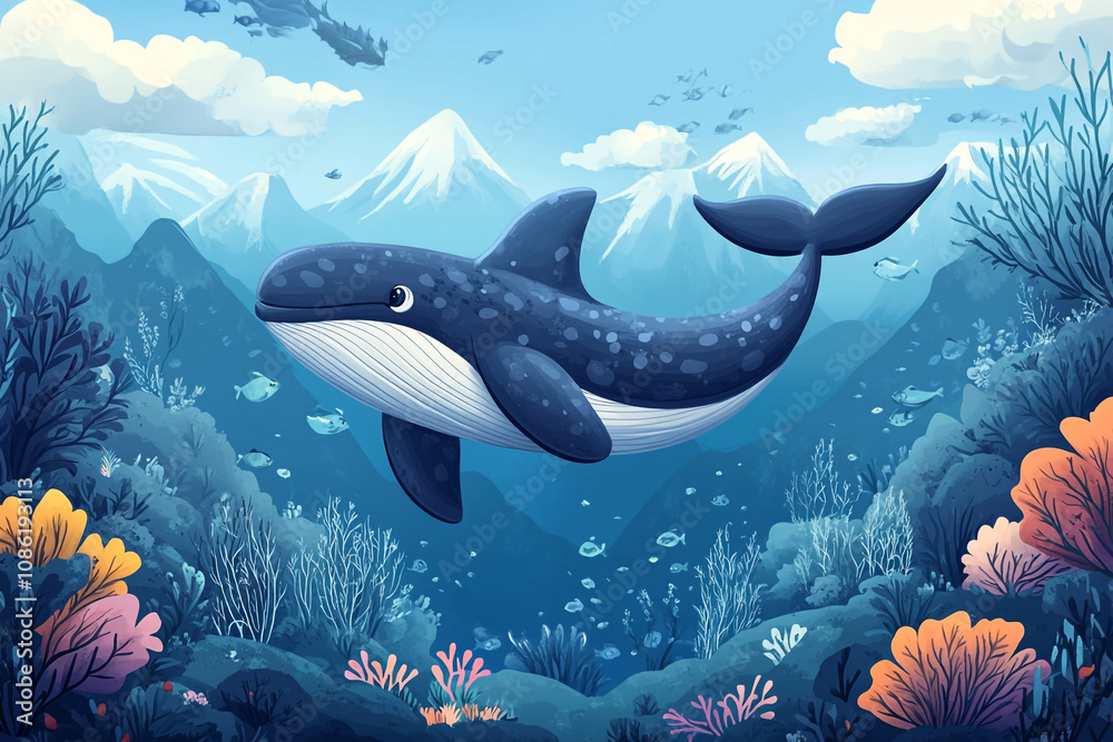 Fototapeta premium Whale Swimming Underwater Mountainous Scene