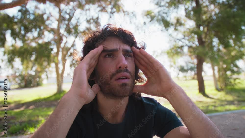 Pensive Man Frustrated Of His Sins Reflects Sitting In The Park At Daytime Pensive Man Frustrated Of His Sins Reflects Sitting In The Park At Daytime