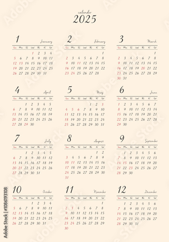 2025年_年間カレンダー_レトロ タテ型	