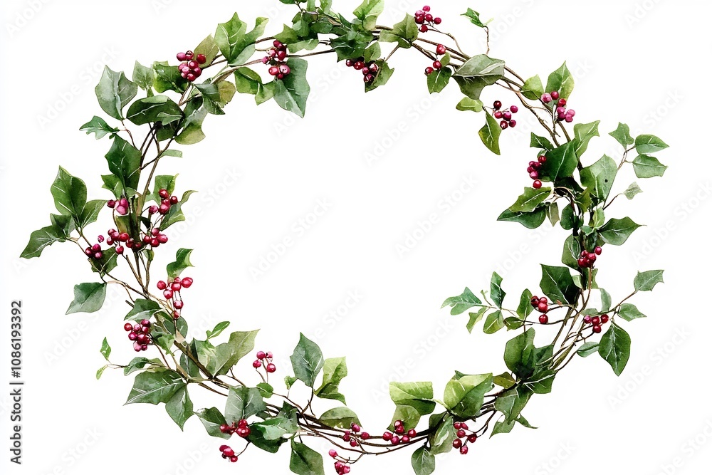 Fototapeta premium Beautiful Christmas Wreath with Holly Berries in Soft Watercolor Style on Blank Background