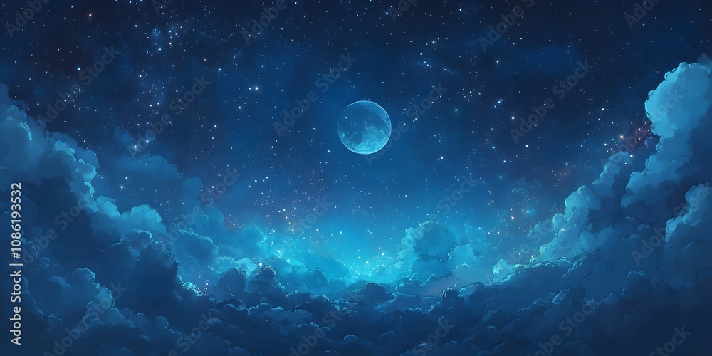 Serene Night Sky Above Fluffy Clouds and Moon Serene Night Sky Above Fluffy Clouds and Moon