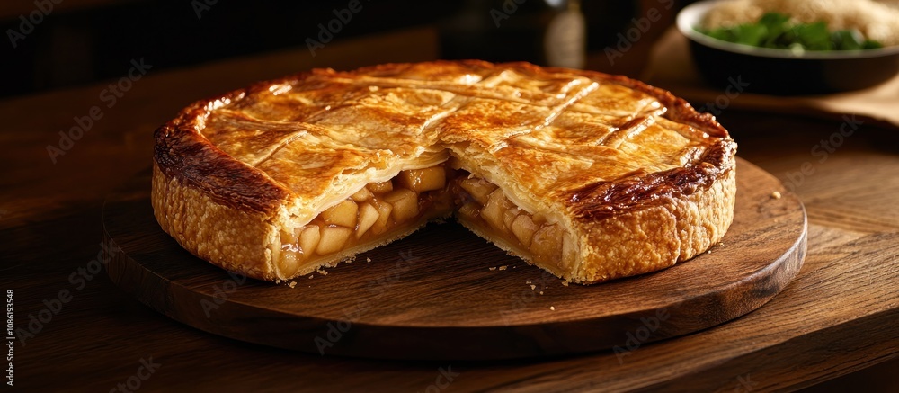Whole apple pie on a wooden board, with a slice missing, showing the juicy apple filling, warm and inviting light Whole apple pie on a wooden board, with a slice missing, showing the juicy apple filling, warm and inviting light
