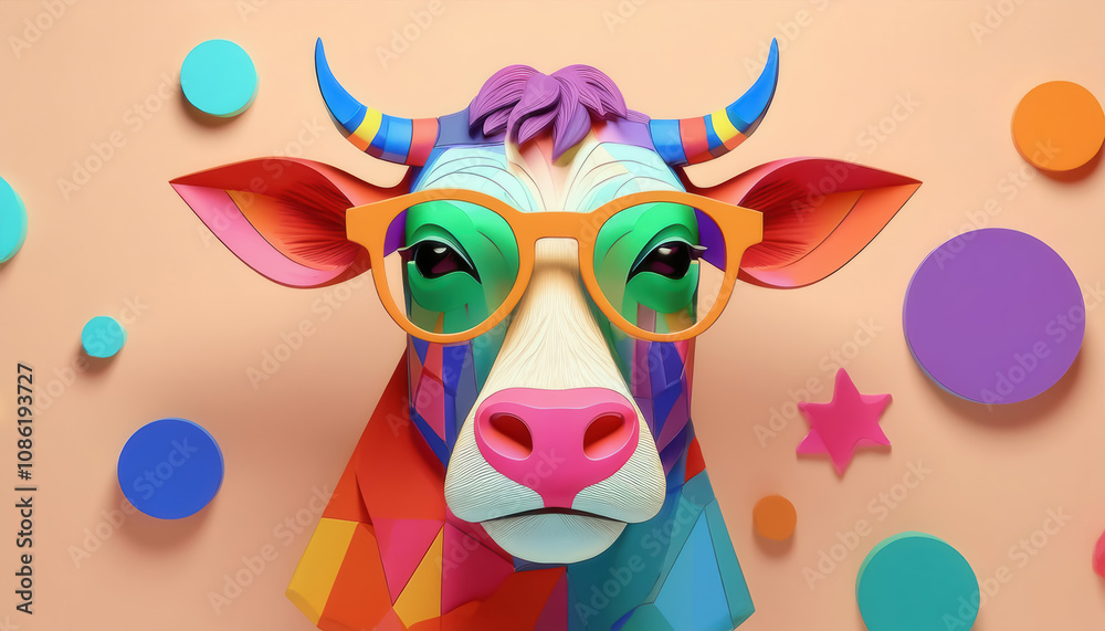 Fototapeta premium Colorful cow artwork creative studio digital art vibrant environment front view whimsical concept for unique decor