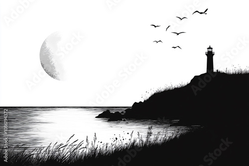 Coastal Lighthouse Silhouette Under a Crescent Moon and Birds
