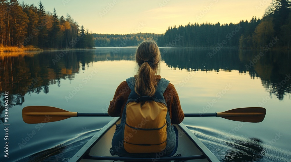 Woman kayaking on serene lake at sunset.