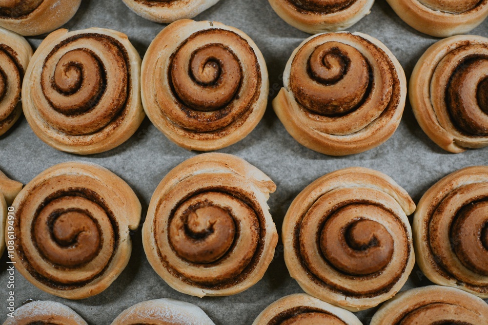 Close-up cinnabon buns freshly baked in the oven before applying cream in a cafe Close-up cinnabon buns freshly baked in the oven before applying cream in a cafe