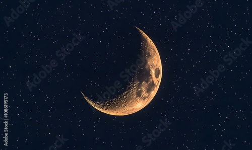 Crescent Moon Amidst a Starry Night Sky