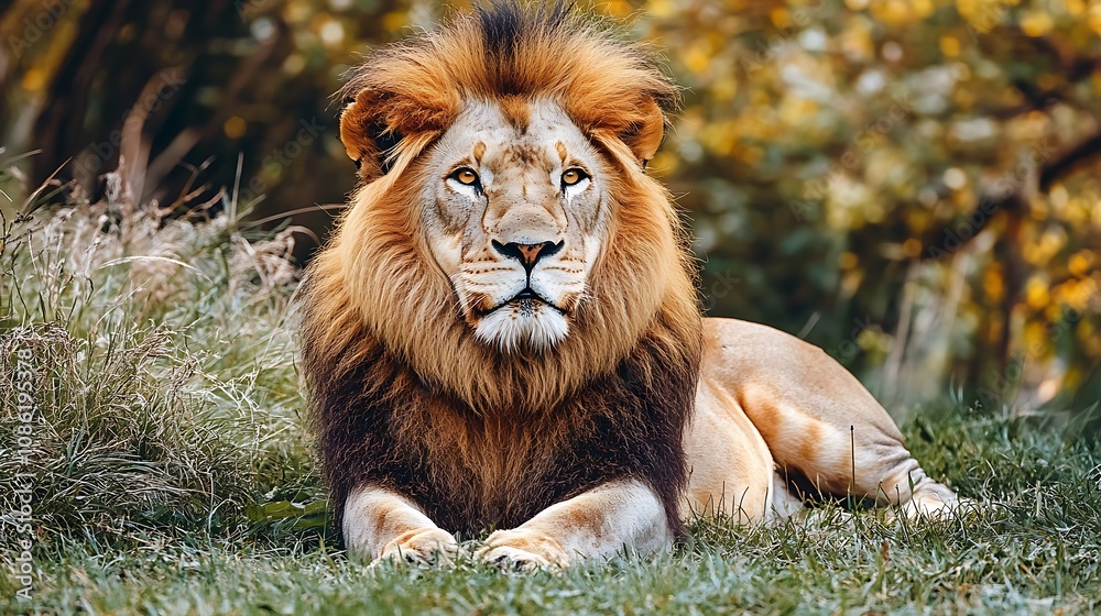 Majestic Male Lion Resting in Grass