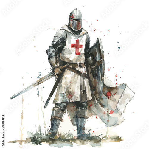 A watercolor drawing of a Templar Knight with a Red Cross, isolated on a white background. Templar Knight with a Red Cross vector.