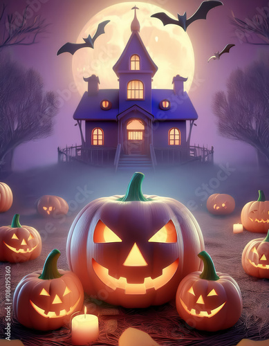 Haunted halloween night spooky mansion digital illustration eerie atmosphere frontal view festive vibes photo