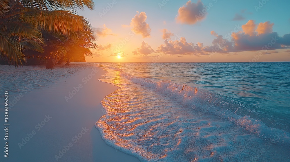 Tropical Beach Sunset Scene With Palm Trees And Ocean Waves Tropical Beach Sunset Scene With Palm Trees And Ocean Waves