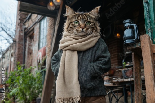 A tall catman in a sweater and scarf stands outside a cozy rustic building photo