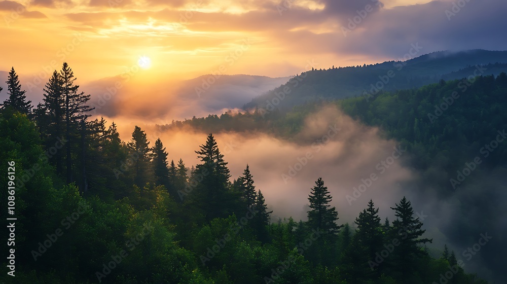 Sunset over misty mountain forest Sunset over misty mountain forest
