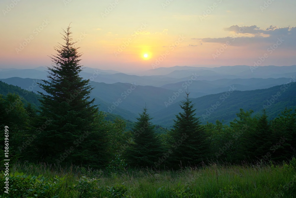 Obraz premium Serene Sunset Over Mountainous Landscape