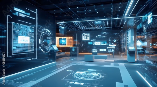 50. A futuristic customer experience center with holographic product demos, virtual sales assistants, and floating customer interaction points