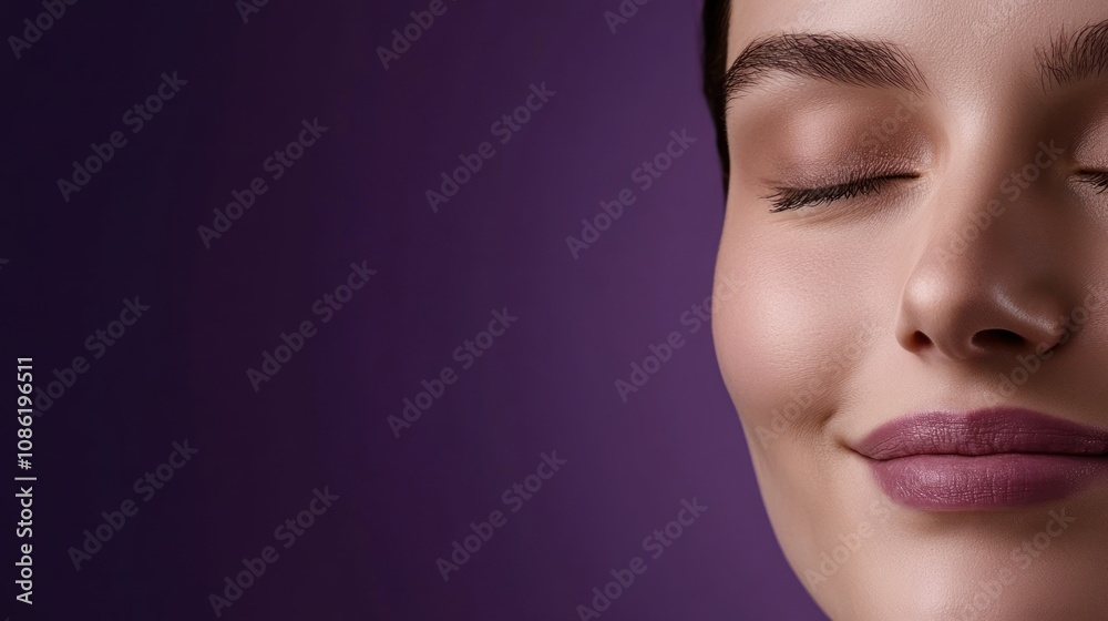 Close-up of a woman's face with a serene expression against a purple background. Close-up of a woman's face with a serene expression against a purple background.