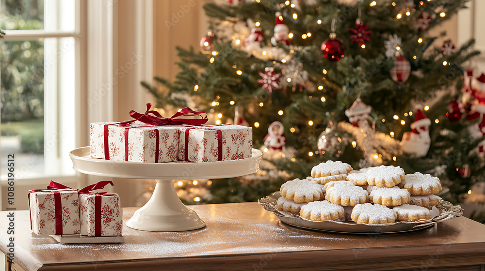 Naklejka premium A cheerful Christmas setting with gift boxes stacked under a tree and a tray of fresh cookies dusted with powdered sugar 