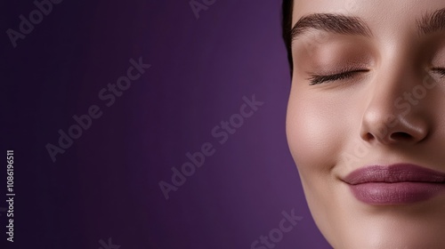 Close-up of a woman's face with a serene expression against a purple background.