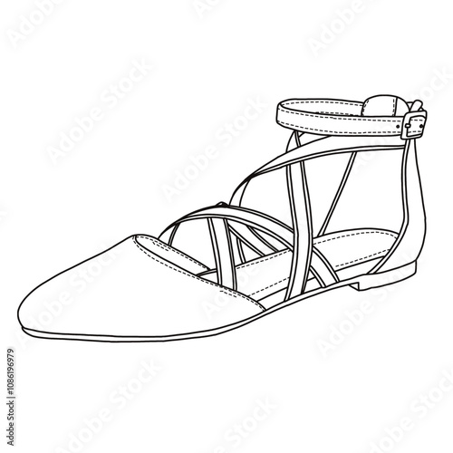 Women's Ballet flats with Ankle Strap, Flats,Strappy shoes Line art, Technical sketch hand drawing outline vector doodle side isometric view isolated on white background