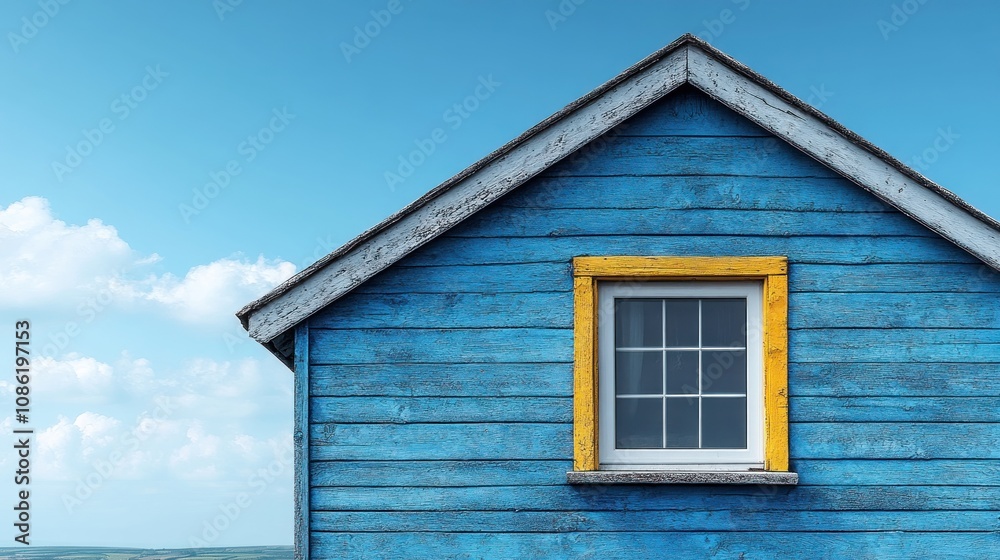 A colorful blue house with a yellow window frame against a clear sky. A colorful blue house with a yellow window frame against a clear sky.