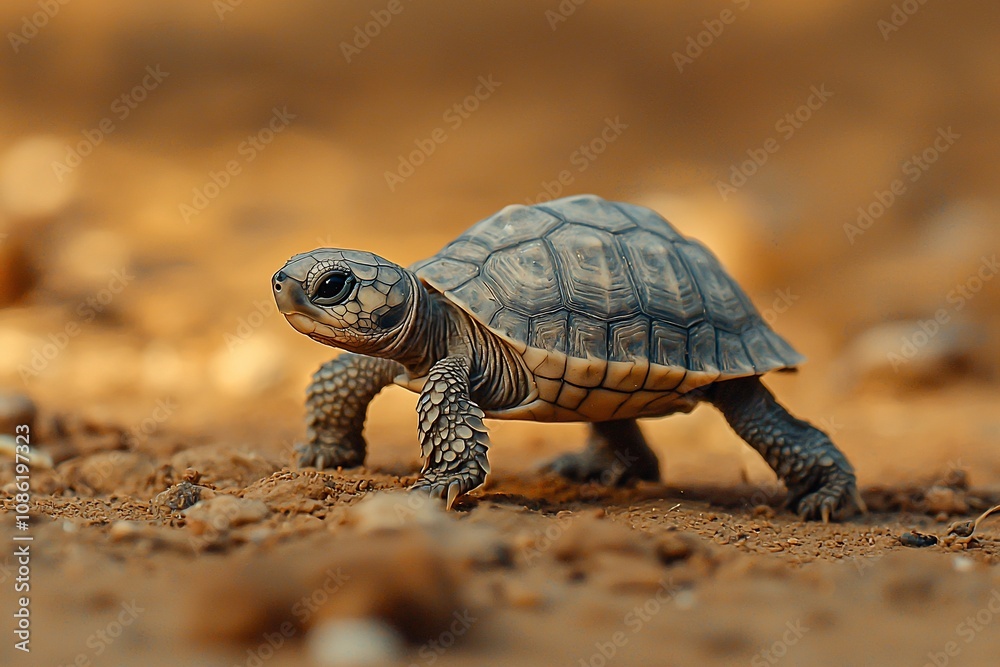 Obraz premium Young Tortoise Adventuring Through a Sandy Landscape