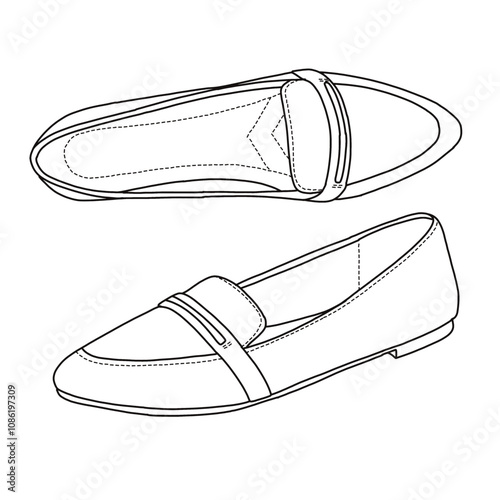 Women's Loafer Slip On Ballet Flat shoes Line art, Technical sketch hand drawing outline vector doodle side isometric and top view isolated on white background