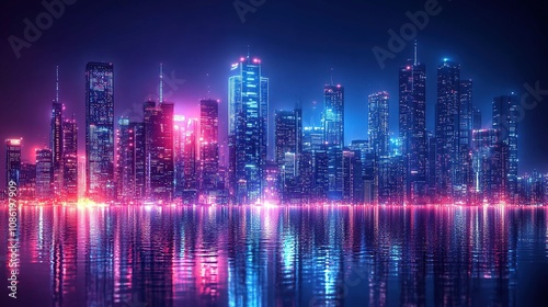 A vibrant city skyline at night, illuminated by colorful lights reflecting on water.