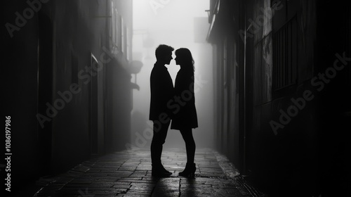 A silhouetted couple stands facing each other in a misty alleyway.