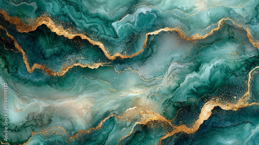 Abstract fluid art with teal and gold hues creating a marbled effect. Abstract fluid art with teal and gold hues creating a marbled effect.