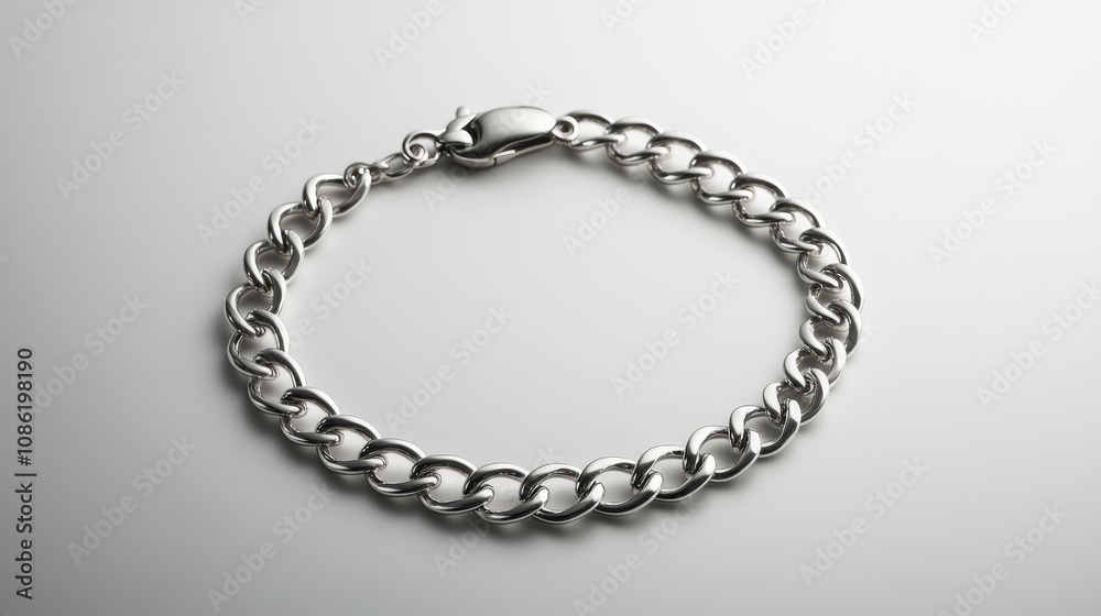 A silver chain bracelet on a white background. A silver chain bracelet on a white background.